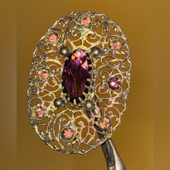 Vintage Victorian Silver Glass Amethyst Antique Brooch